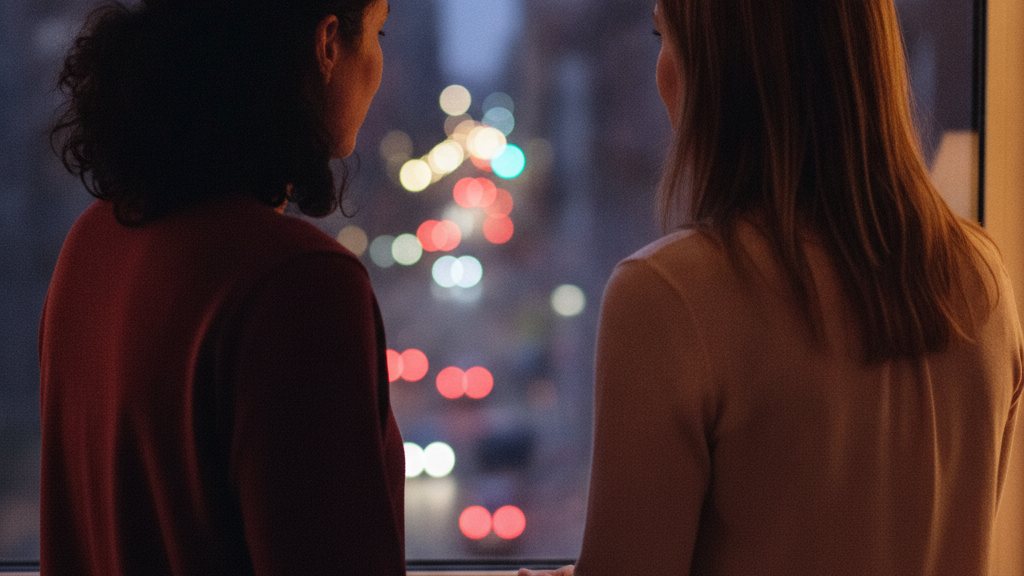 Un couple, le soir, à la fenêtre, les mains posées l’une contre l’autre.