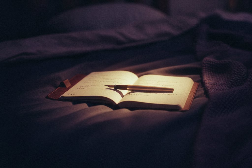 Un carnet ouvert sur un lit, éclairé par une lampe de chevet.